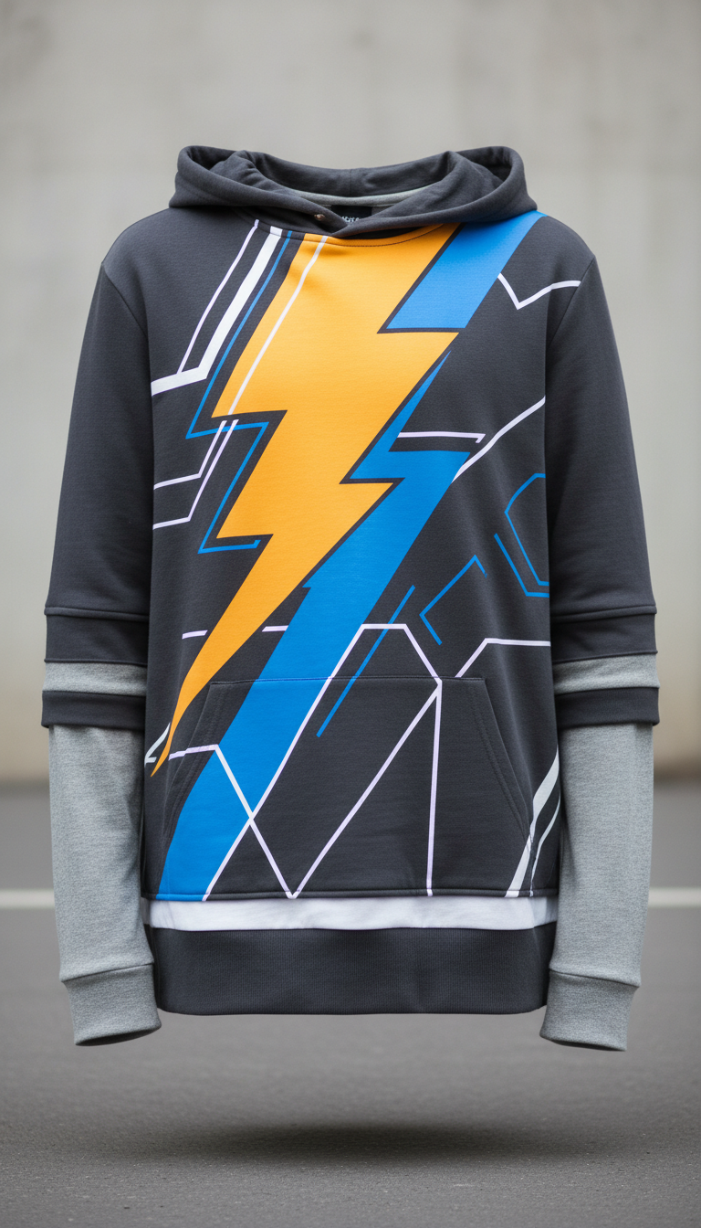 Graphic-Layered Hoodie with Mesh Panels