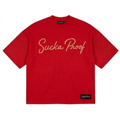 Sucka Proof Red Rhinestone Terry Cotton Crop Shirt