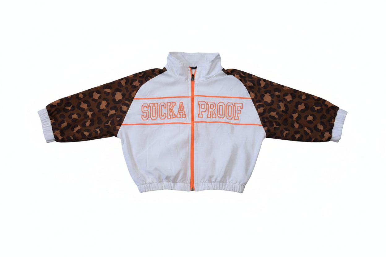Sucka Proof Leopard Windbreaker Set – White Orange Edition