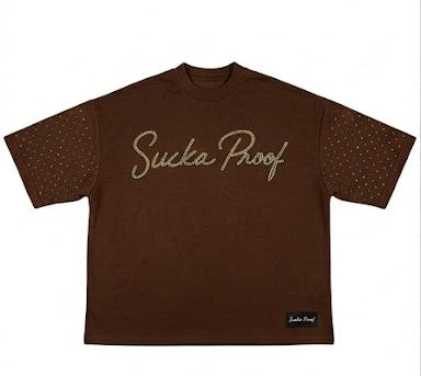 Sucka Proof Platinum Rhinestone Terry Cotton Crop Shirt – Brown
